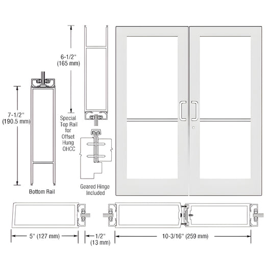 HE52952 white Kynar custom wide-stile double entrance door drawing with 5" stiles, 7.5" bottom rail, offset pivot.