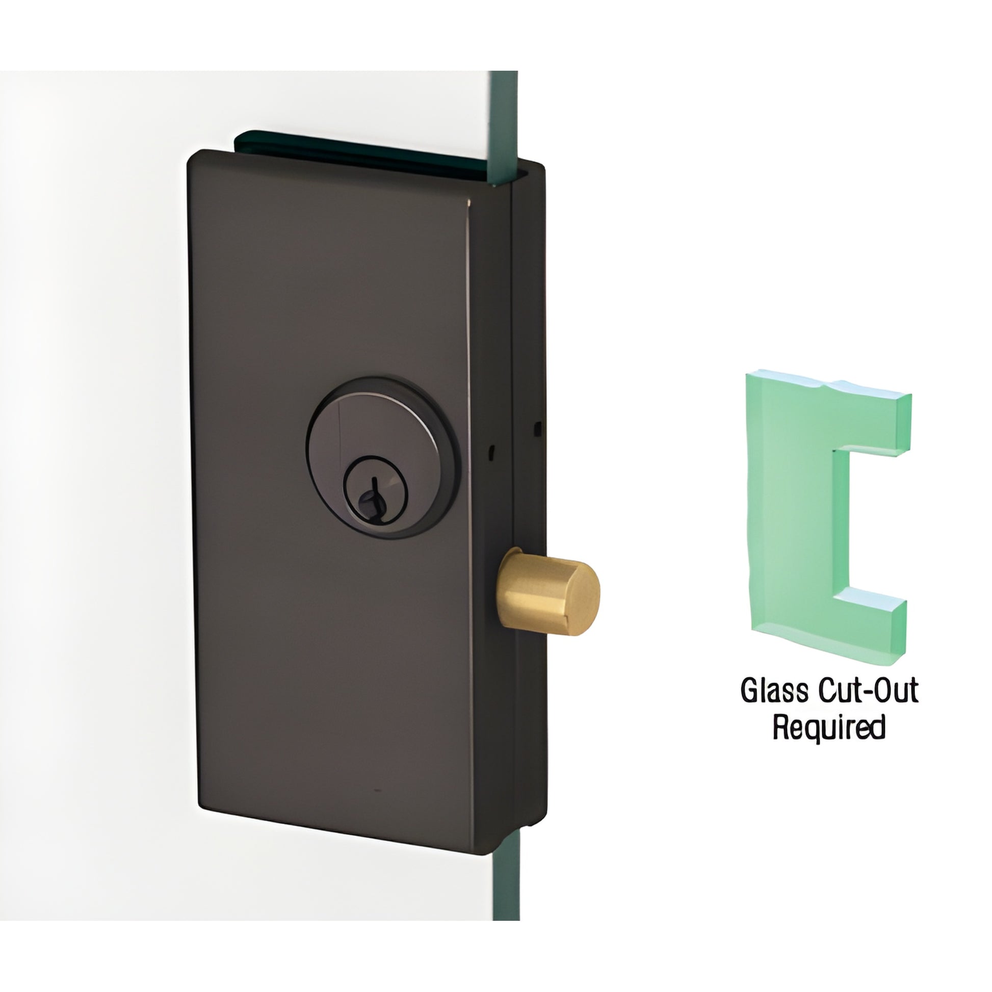 DT36DU low-profile black bronze center lock on tempered glass, round key cylinder and brass bolt, fits 1/2" glazing.