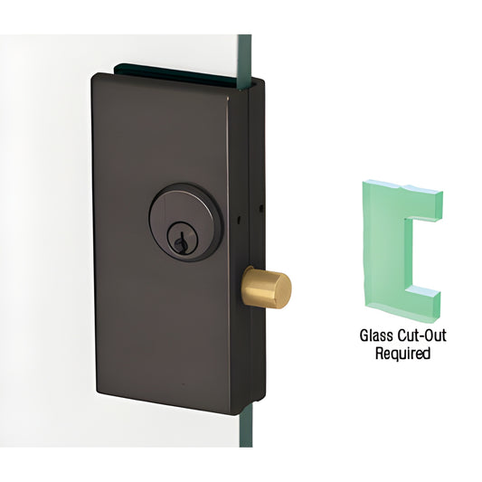 DT36DU low-profile black bronze center lock on tempered glass, round key cylinder and brass bolt, fits 1/2" glazing.