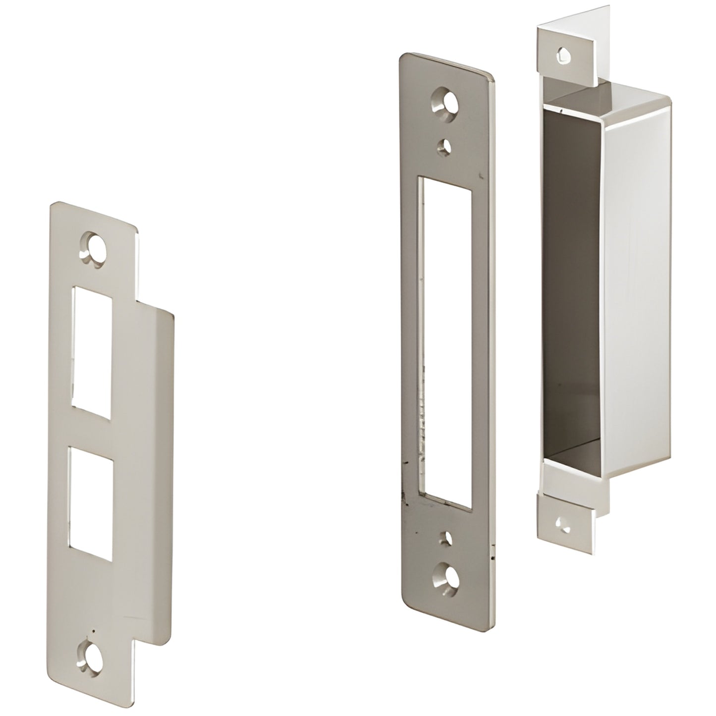 DLR6615 6x10 center lock strike kit, brushed stainless steel, for glass doors; includes dust box and back-up plate.