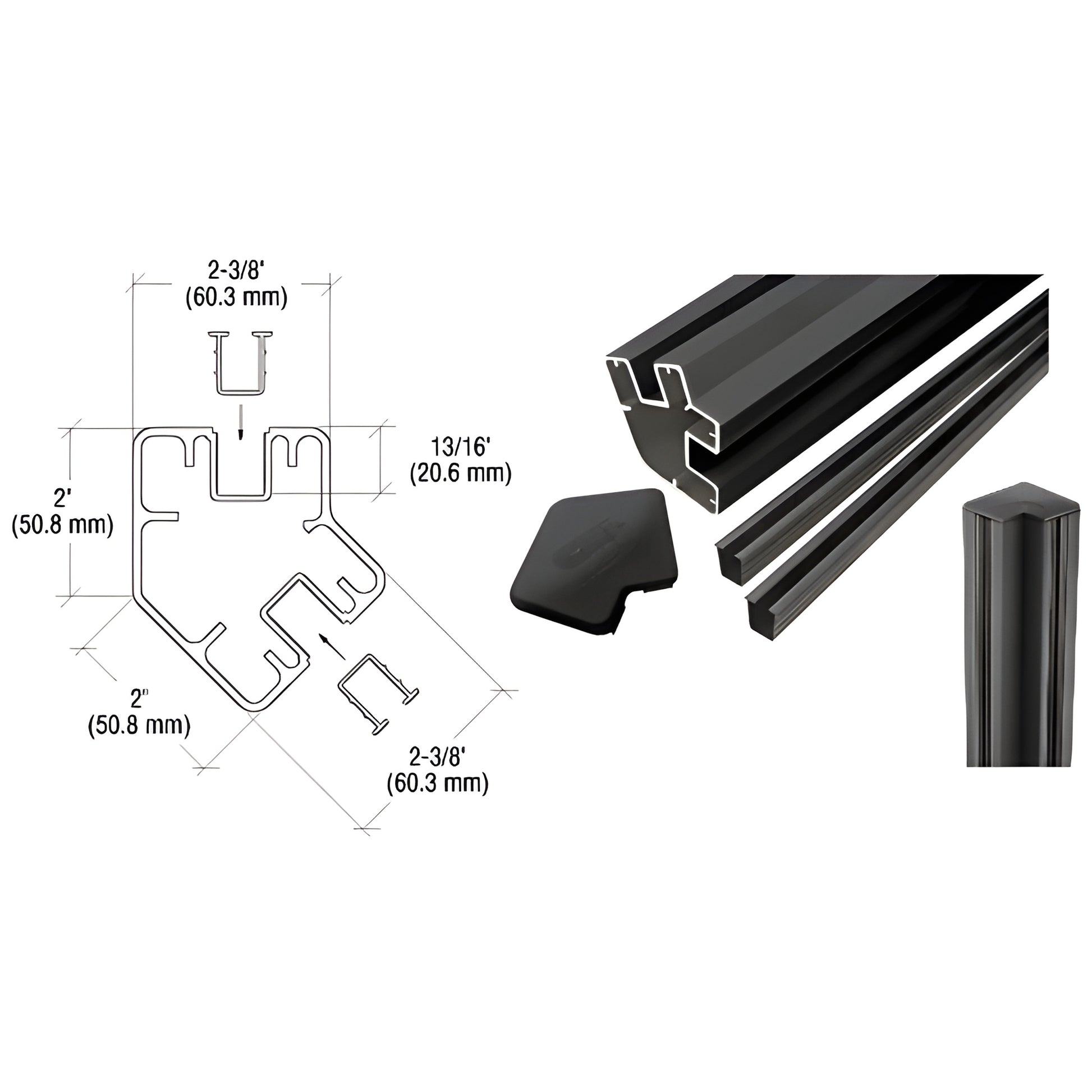 Matte black aluminum 135-degree corner glass post kit S725KBL with vinyl insert and cap, rectangular 2" 2 3/8" profile.