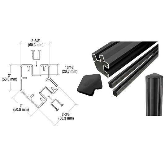 Matte black aluminum 135-degree corner glass post kit S725KBL with vinyl insert and cap, rectangular 2" 2 3/8" profile.