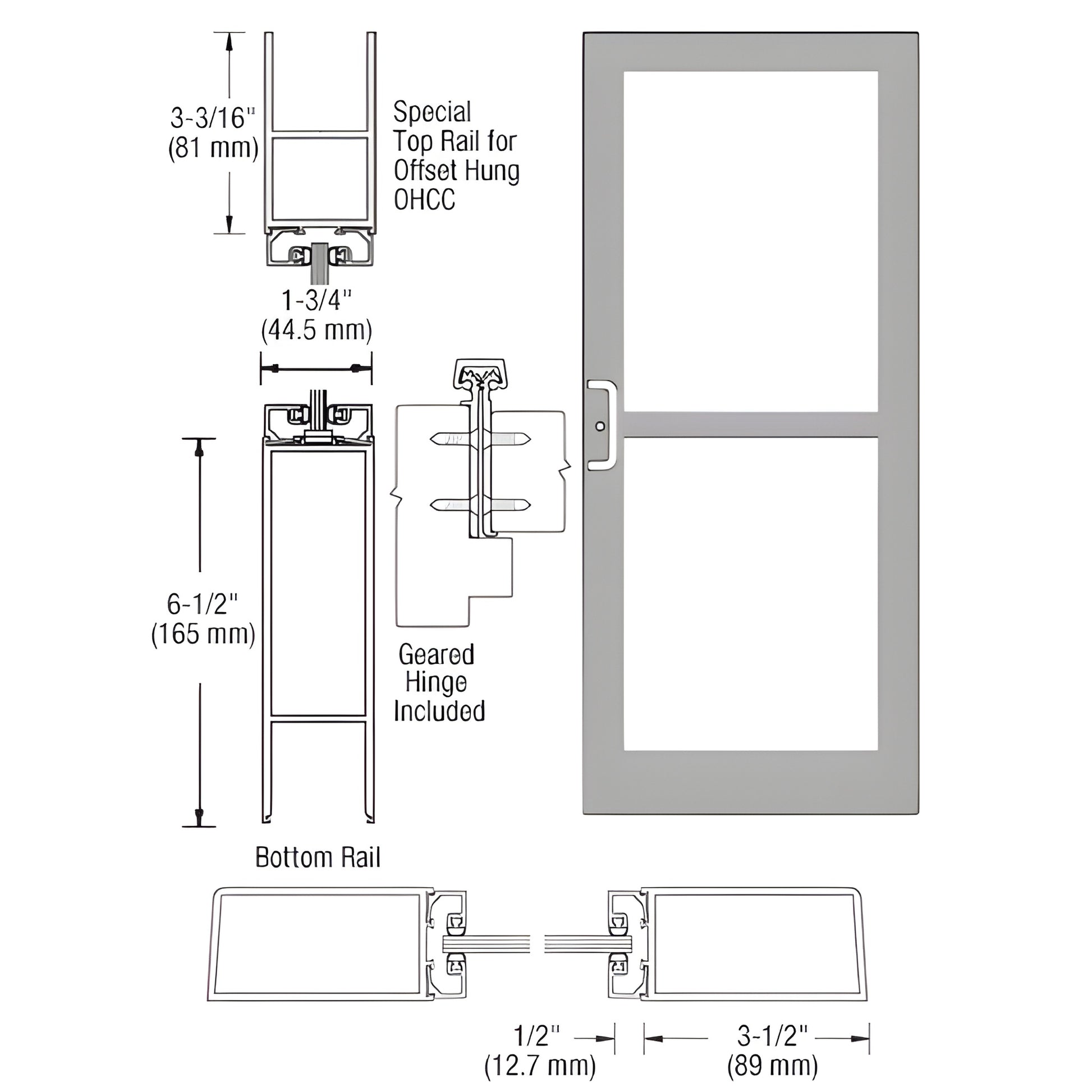 DZ41911 clear anodized medium-stile commercial entrance door, 3-1/2" stiles, 3-3/16" top rail, 6-1/2" bottom rail, glass-read