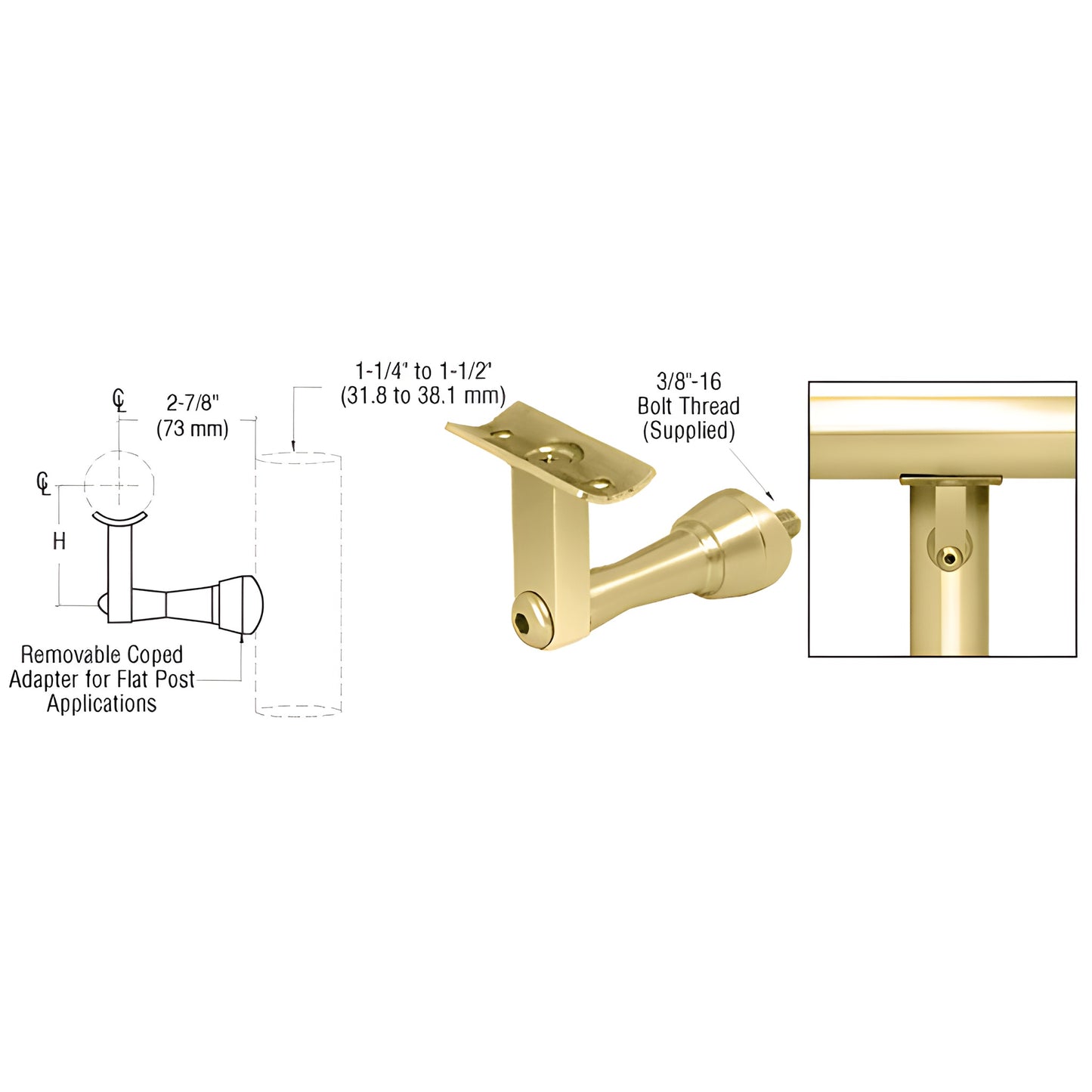 Polished brass CRL HR2SPPB adjustable post-mounted handrail bracket, fits 1.5-2" tubing, 2-7/8" projection.