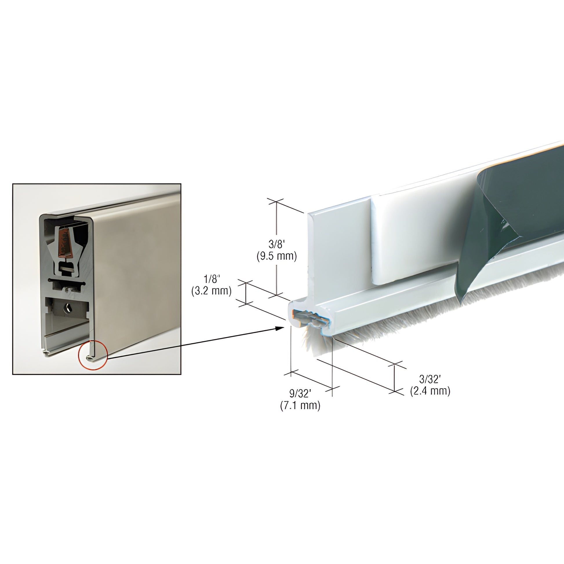 DRWSA144 satin anodized 144 in pile weatherstrip for door rails - cross section showing pile, adhesive tape and dimensions.