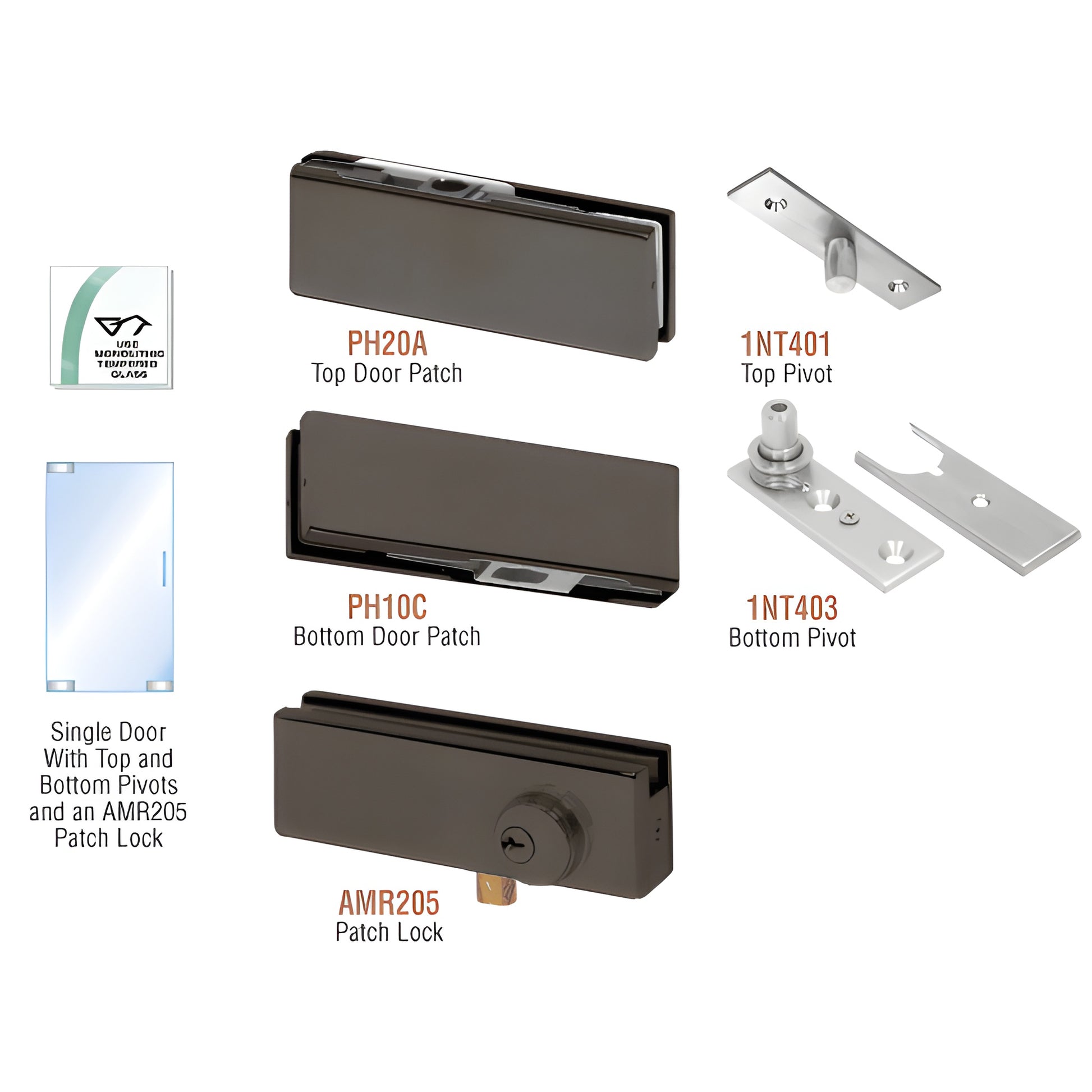 PHA1LDU black bronze frameless glass door patch kit: top/bottom patches, pivots and optional AMR205 lock for 3/8-1/2" glass