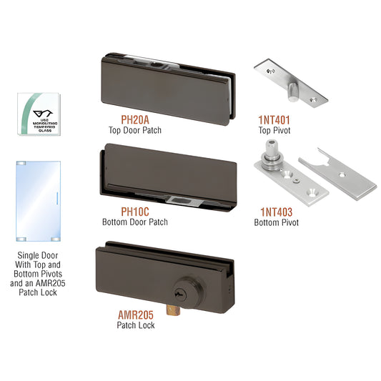 PHA1LDU black bronze frameless glass door patch kit: top/bottom patches, pivots and optional AMR205 lock for 3/8-1/2" glass