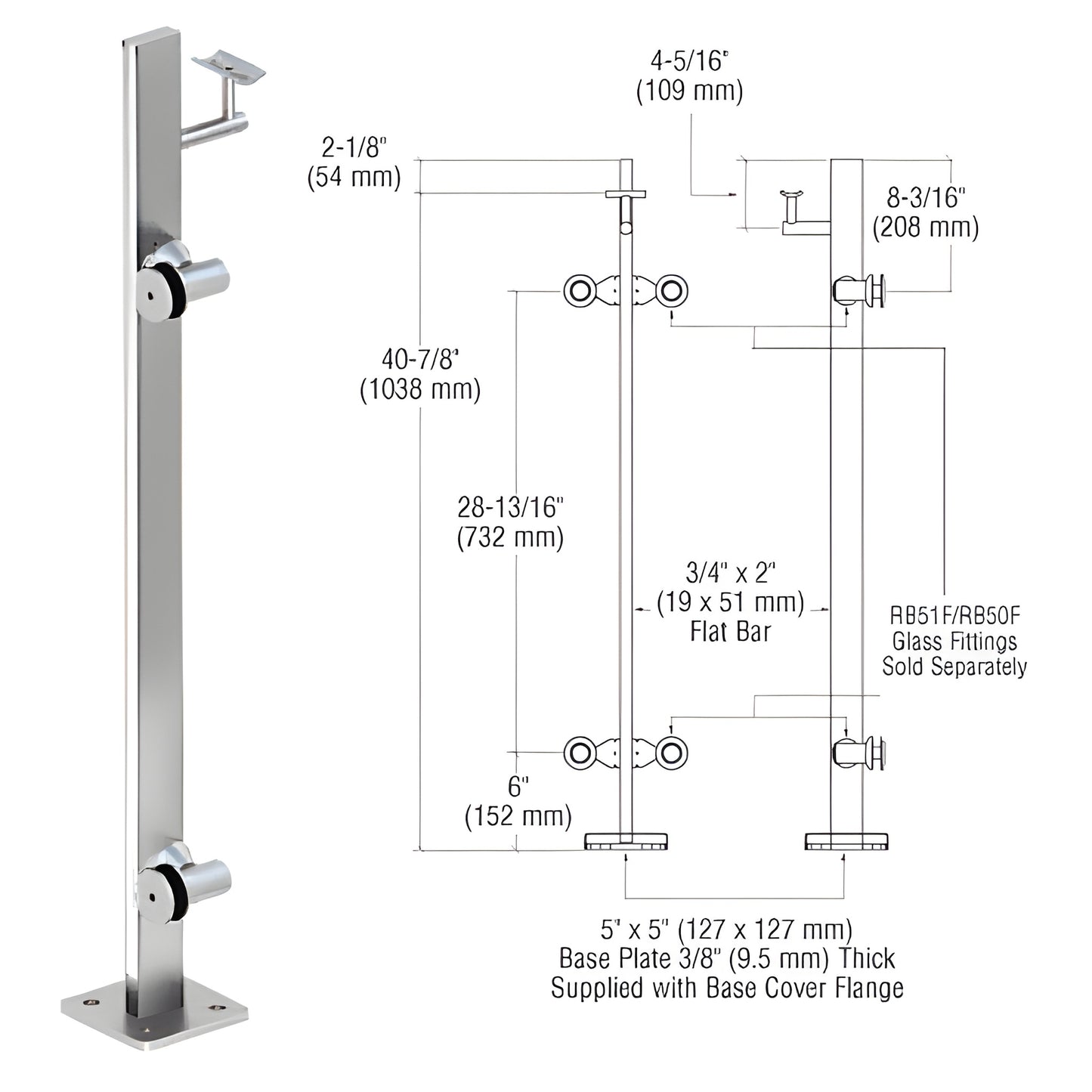 CRL P342LEPS stainless steel surface mounted glass railing post with 5 5 in base plate and 3/4 2 in flat bar