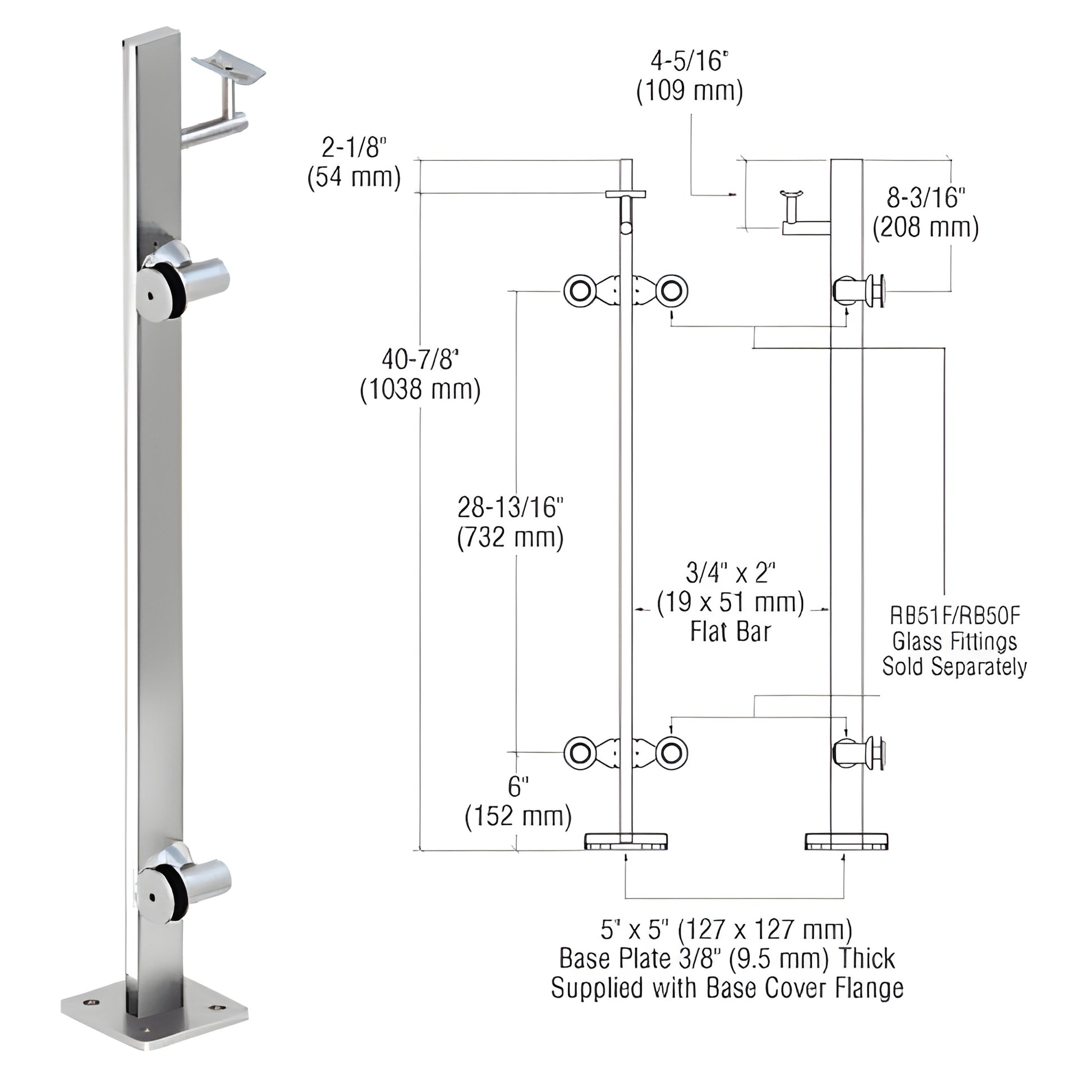 CRL P342LEPS stainless steel surface mounted glass railing post with 5 5 in base plate and 3/4 2 in flat bar