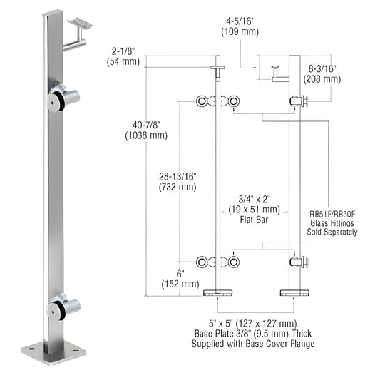 CRL P342LEPS stainless steel surface mounted glass railing post with 5 5 in base plate and 3/4 2 in flat bar