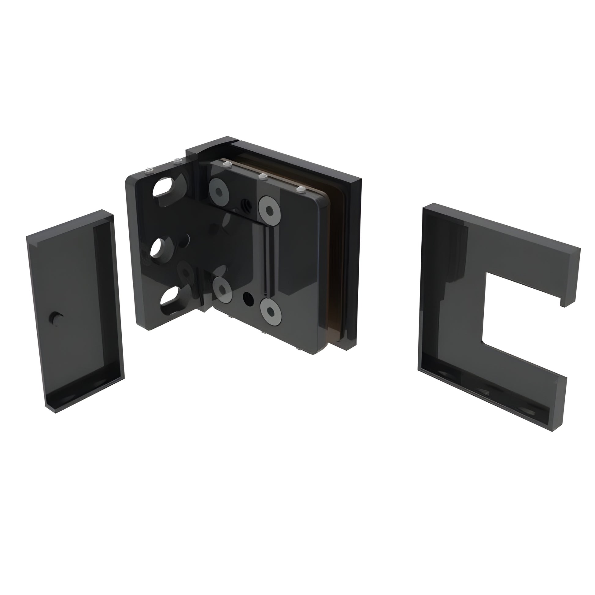 BEL344MBL matte black Bellagio concealed square hinge for frameless glass shower doors, 8-10mm glass, wall-mount.