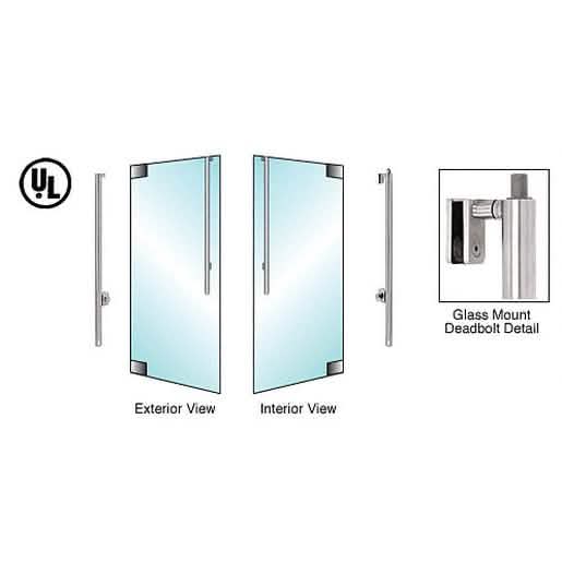 Brushed stainless steel left-hand reverse glass mount deadbolt handle with thumbturn.