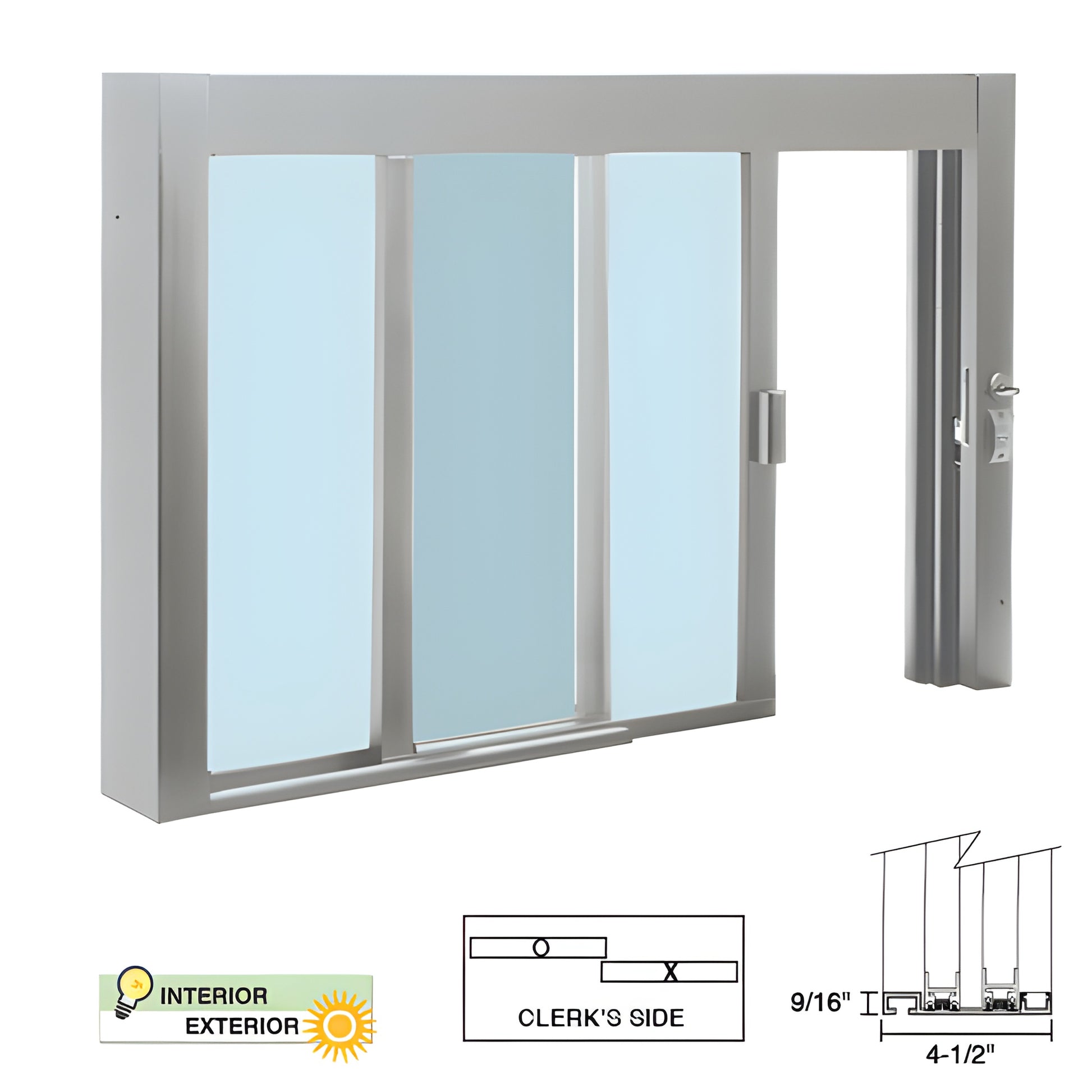 Satin anodized aluminum self-closing service window SCDW48360XGA, fits 48 36 opening, 1/4 tempered glass, thumbturn lock
