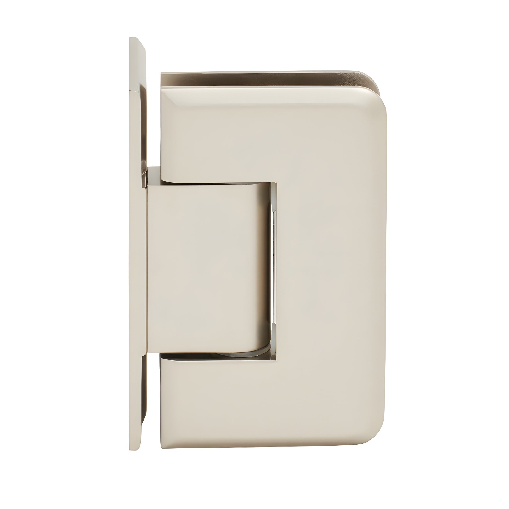 Satin nickel brass shower hinge P1N044SN for 8-12mm glass, offset back plate, beveled edge.