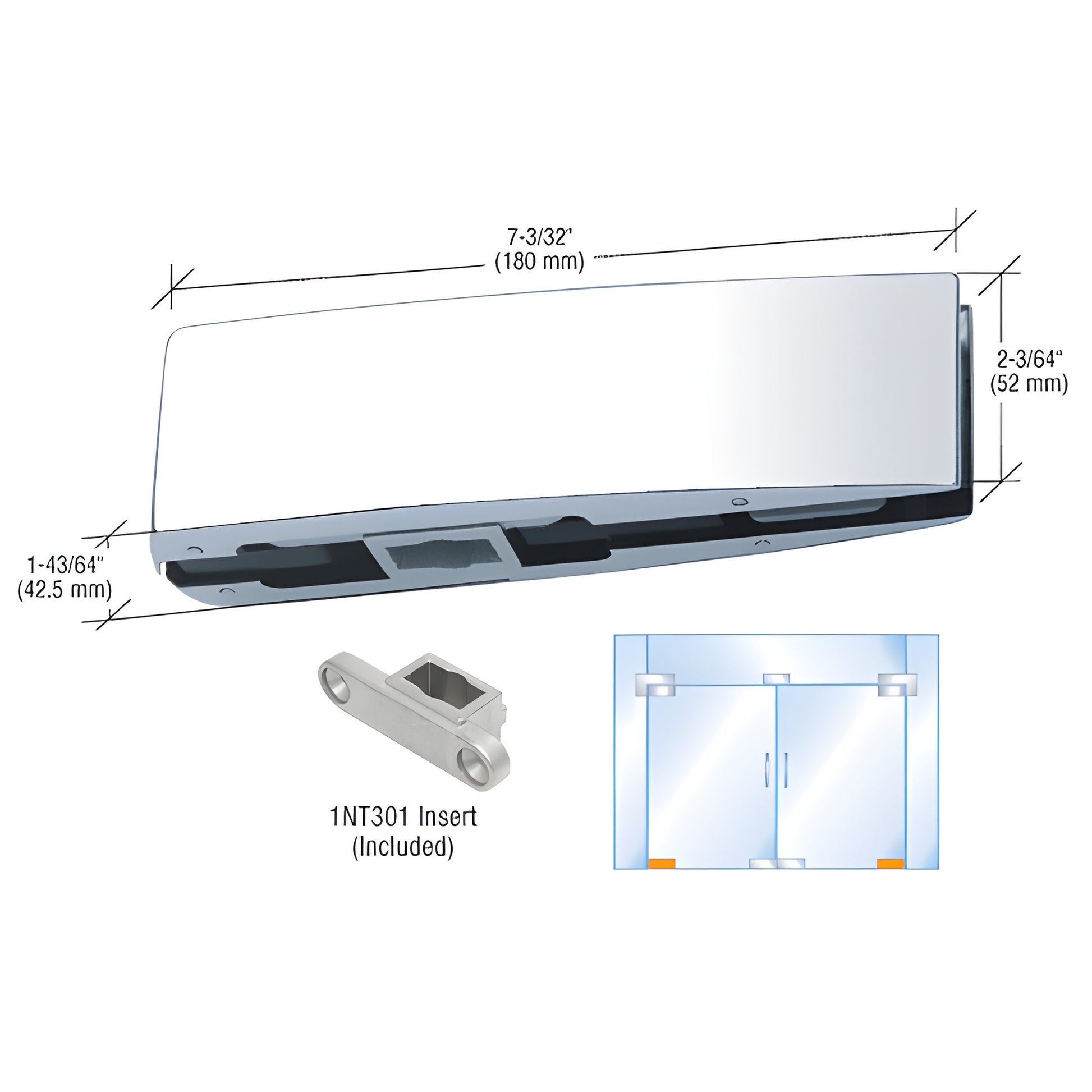 CPF10CPS Curved polished stainless steel bottom patch fitting for 3/8 or 1/2 in glass with 1NT301 insert (frameless door)