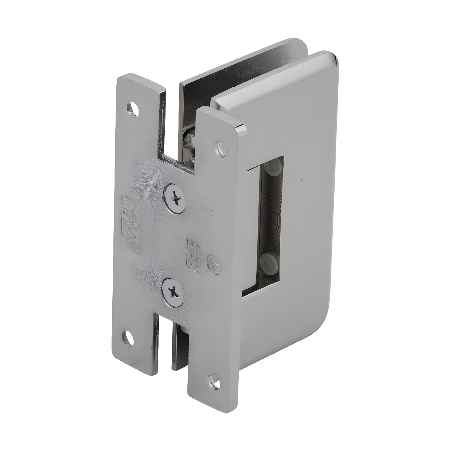 Polished nickel solid brass Cologne shower door hinge (SKU C0L037PN), beveled edges, H back plate, fits 10-12mm glass.