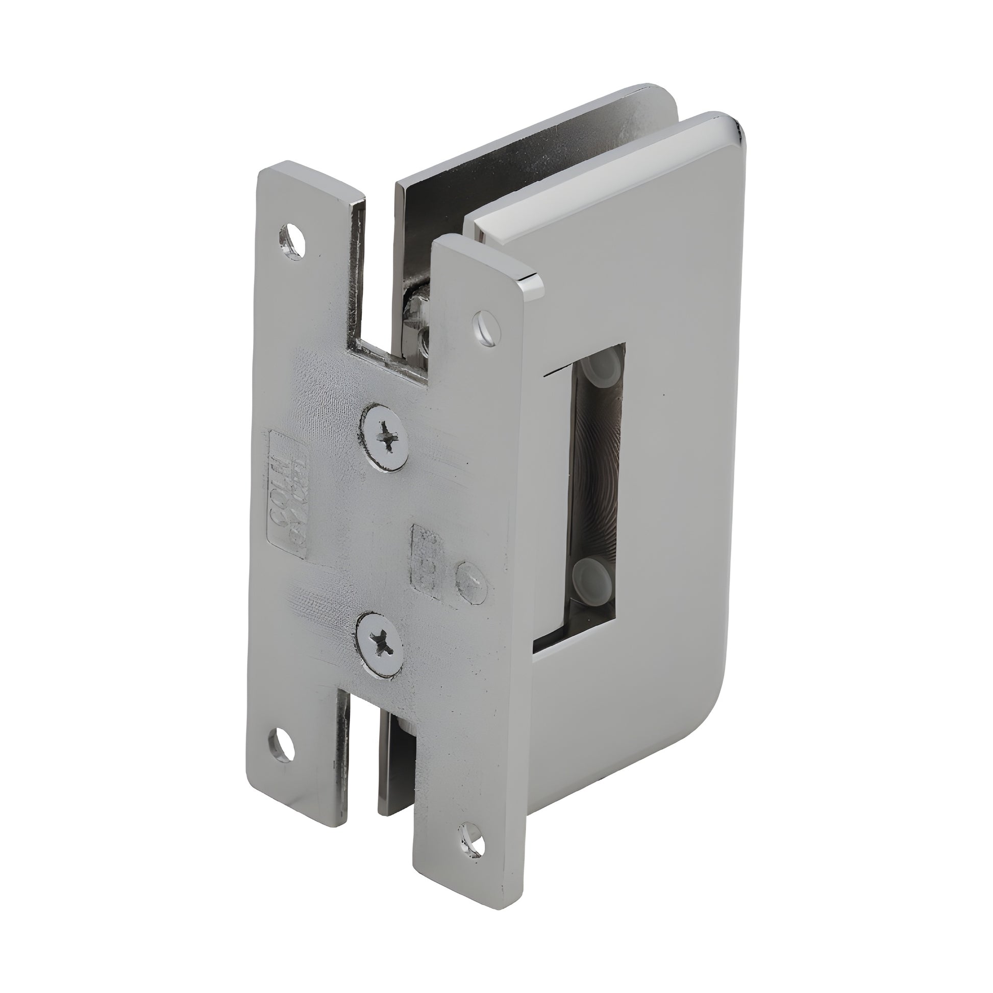 Polished nickel solid brass Cologne shower door hinge (SKU C0L037PN), beveled edges, H back plate, fits 10-12mm glass.