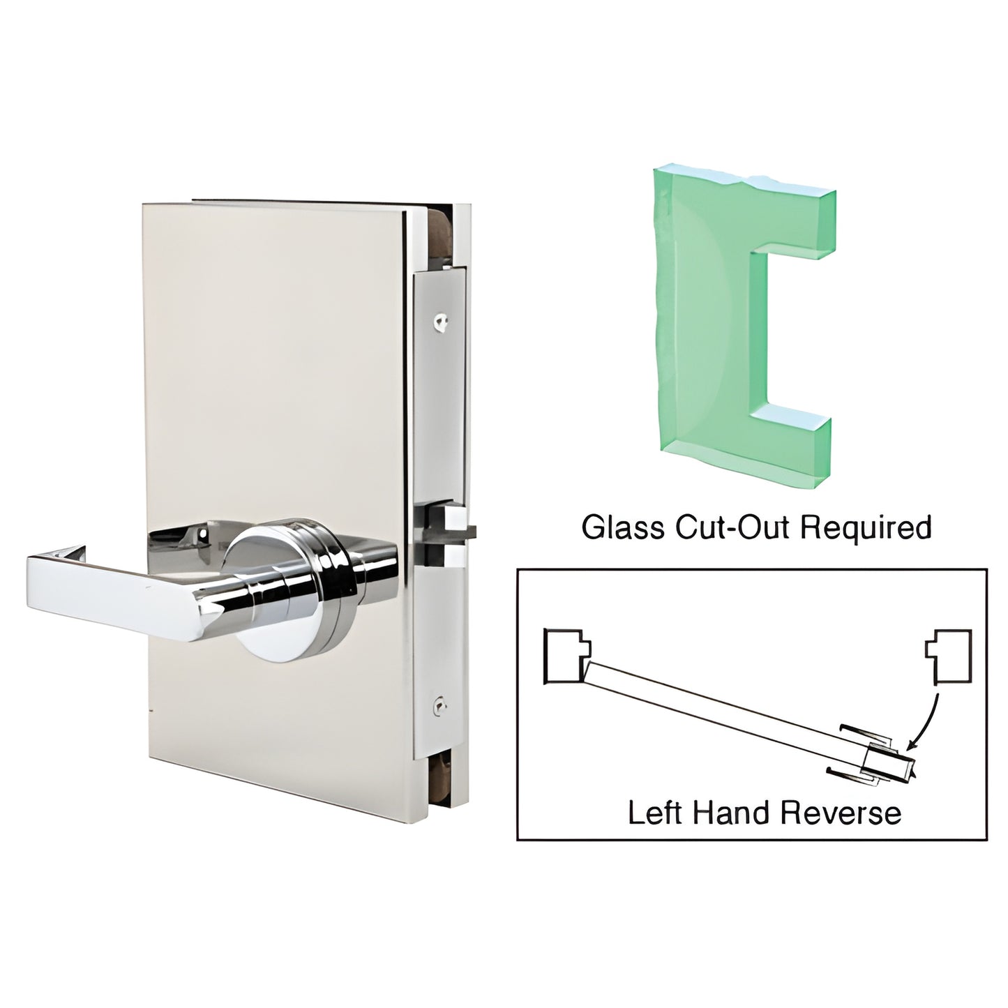 Polished stainless steel center lock DL611LPPS for 1/2" (12mm) glass doors, 6x10 in, left-hand reverse