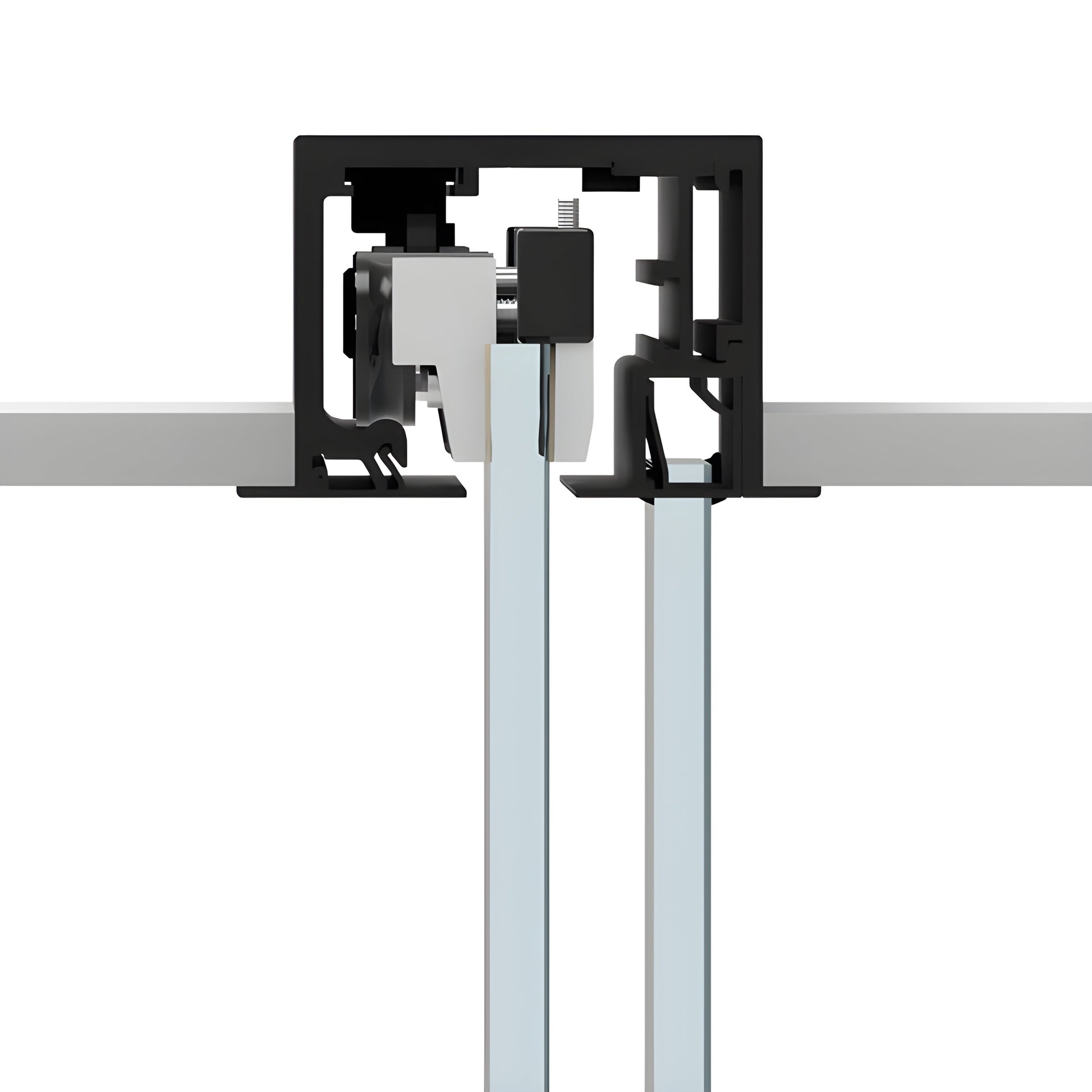 CRL6951DMBL matte-black top-mounted sliding glass door kit showing 3/8-1/2 tempered glass and heavy-duty track.