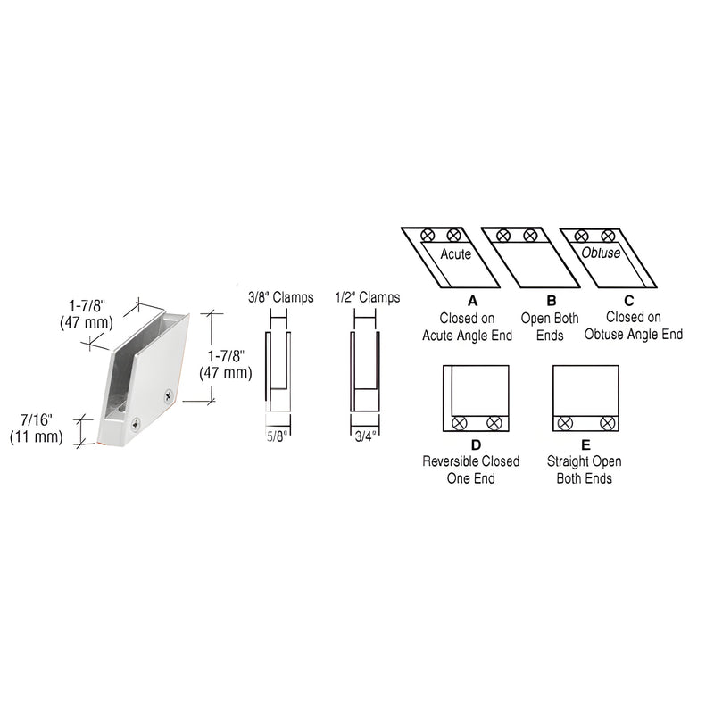 RH5512CH chrome 128 obtuse end clamp for 1/2 (12mm) tempered glass railings - angled metal clamp