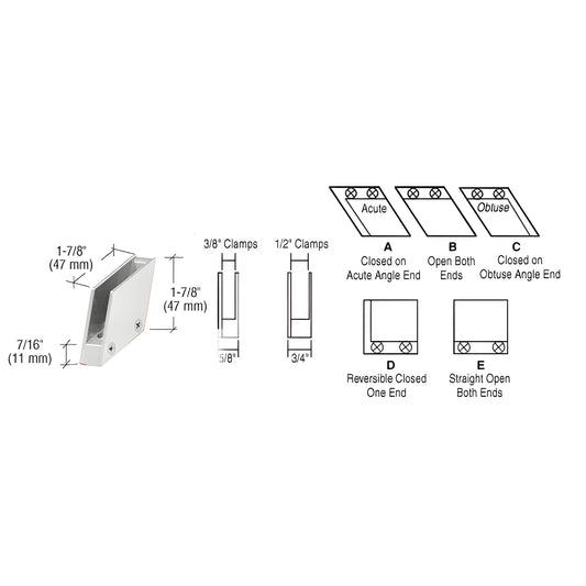 RH5538CH chrome obtuse end glass clamp, 128 slant, flat base, fits 3/8" (10 mm) tempered glass.