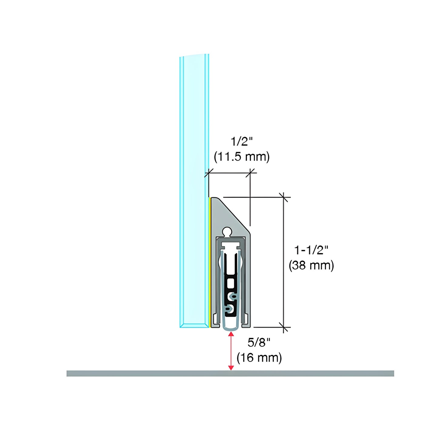 FBADSSA satin-anodized Fallbrook drop-down door seal, close-up of adjustable low-profile aluminum profile with rubber gasket.