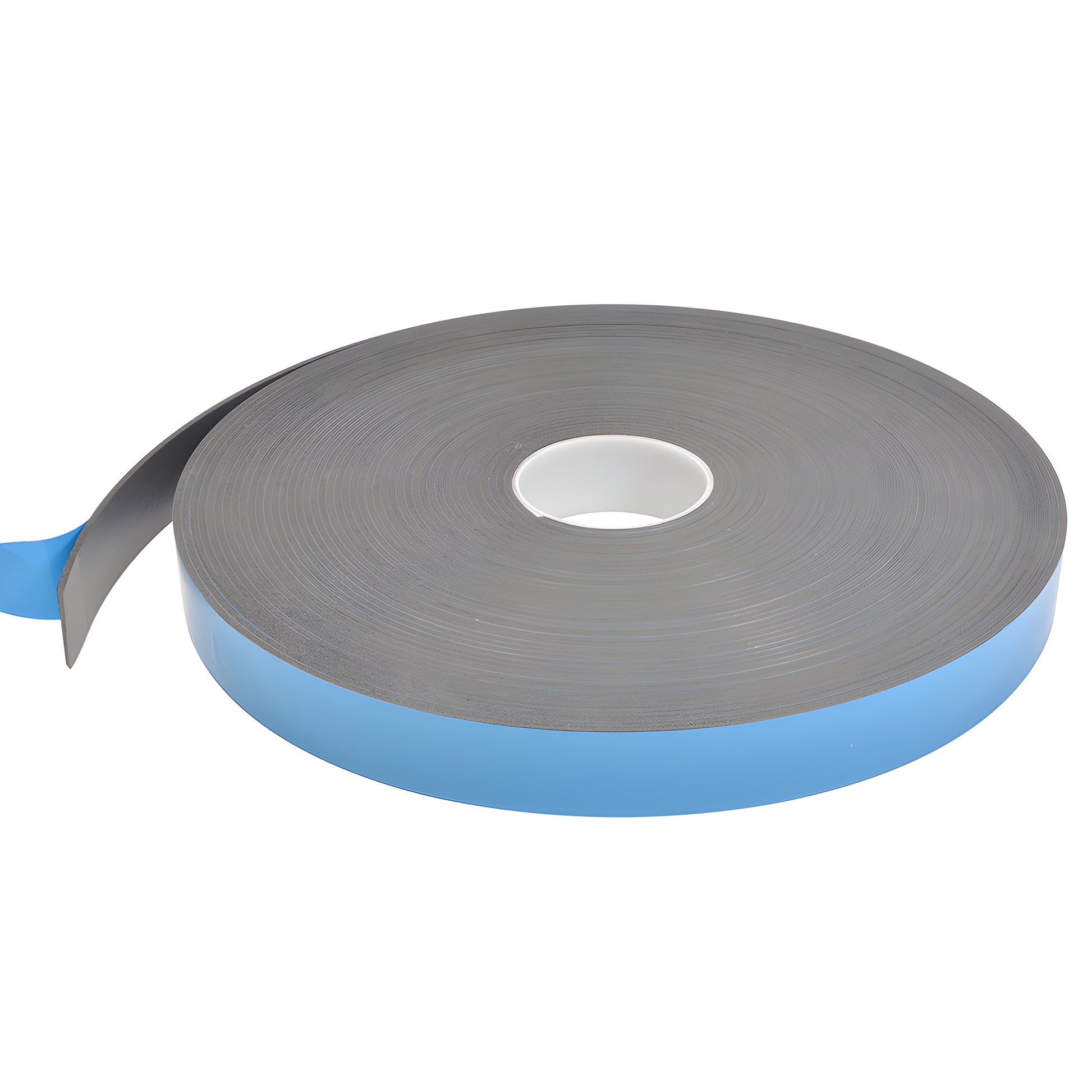 Gray closed-cell foam glazing tape roll with blue release liner, 1-1/2-inch wide, 100 ft length.