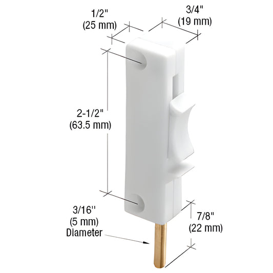 White nylon sliding window lock S4544, surface-mount with 7/8" (22 mm) steel pin, 2.5" tall - for dual glazed windows