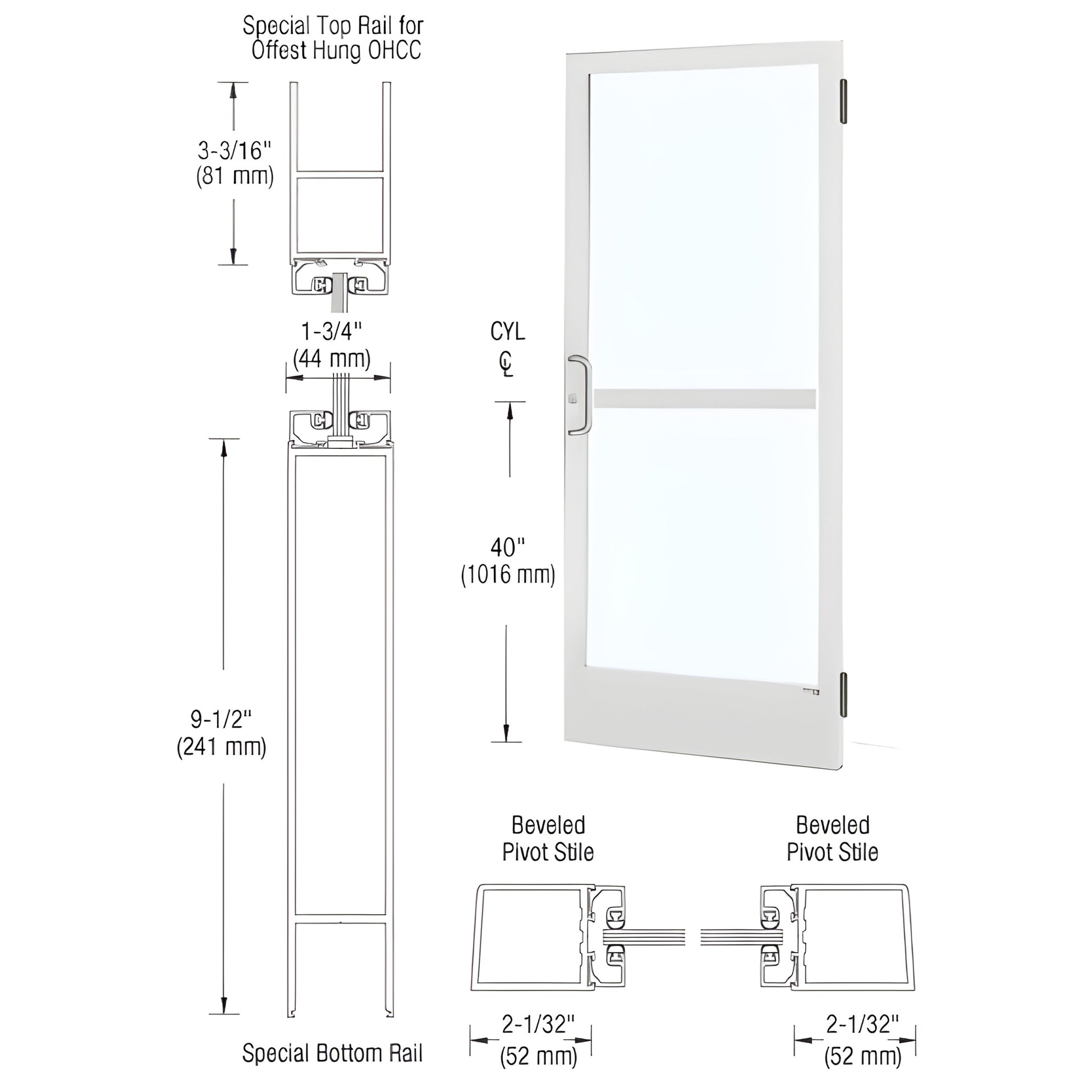 White Kynar narrow-stile commercial entrance door (CZ21452) with 9.5" ADA bottom rail and glass panel
