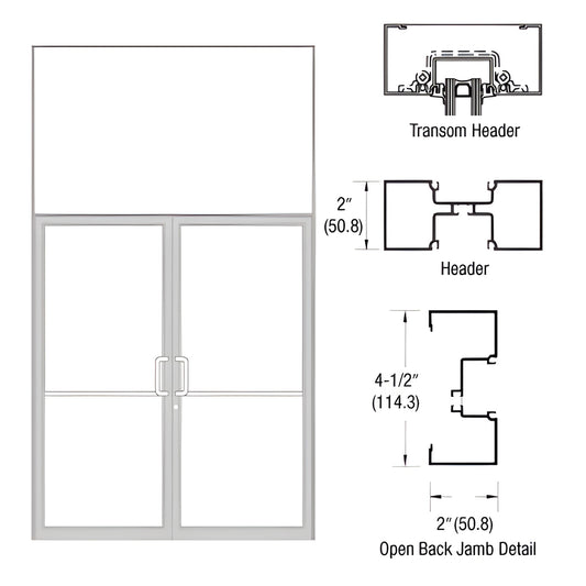 Clear anodized aluminum 2x4-1/2 transom storefront frame with double doors and open-back jamb diagrams, SKU 1B92411