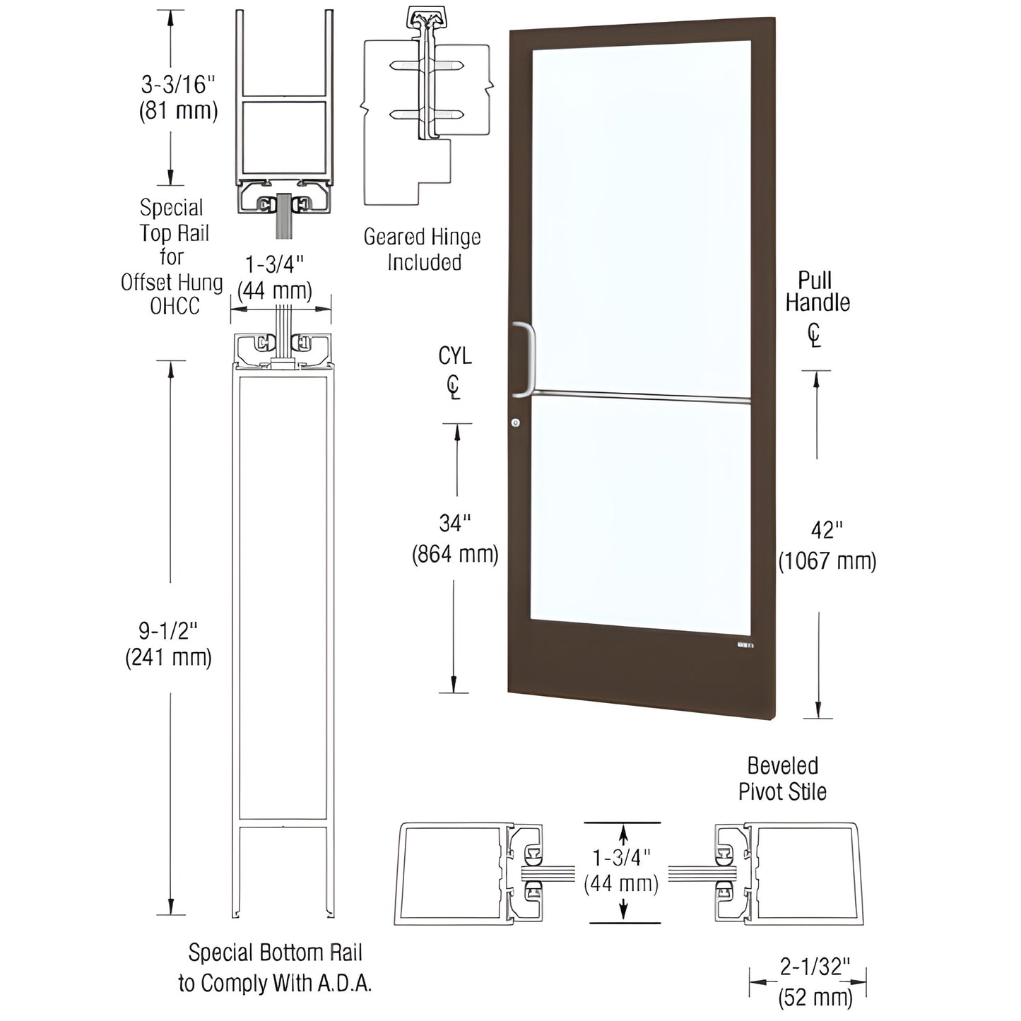 Commercial narrow-stile entrance door DE21922, Black Bronze Anodized, 2" stiles, ADA 9-1/2" bottom rail, tempered glass panel