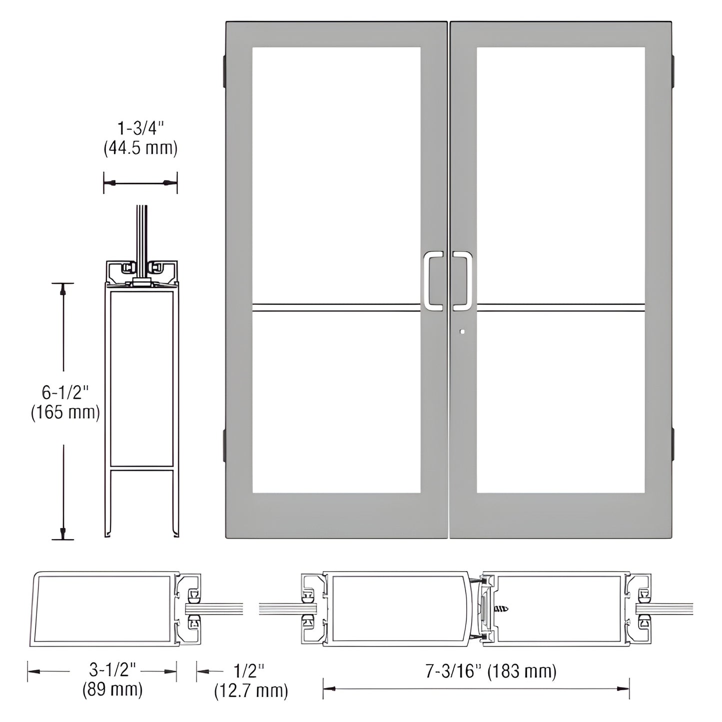 DC42511 clear anodized commercial double glass entrance door, 3-1/2" stiles, 6-1/2" bottom rail, push/pull handles.