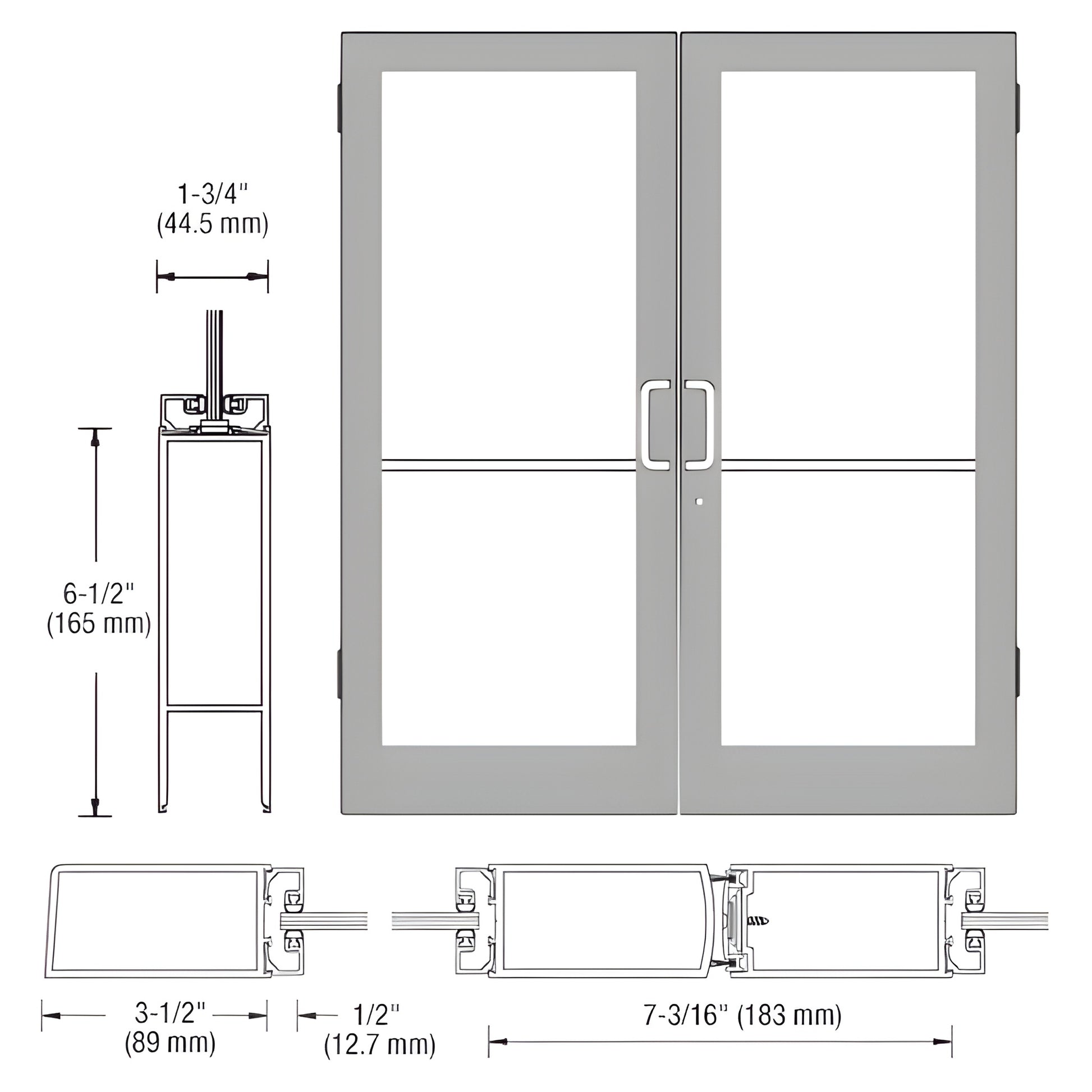DC42511 clear anodized commercial double glass entrance door, 3-1/2" stiles, 6-1/2" bottom rail, push/pull handles.
