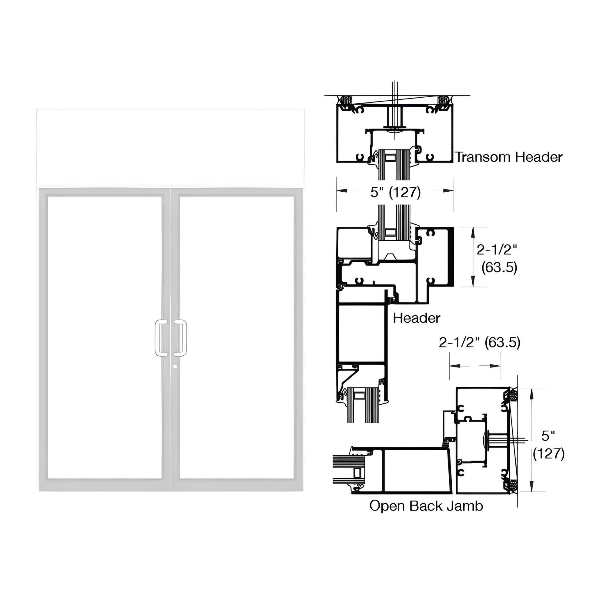 White Kynar double transom impact door frame, butt-hinged for hurricane doors, 2-1/2" x 5", SKU 0F92552
