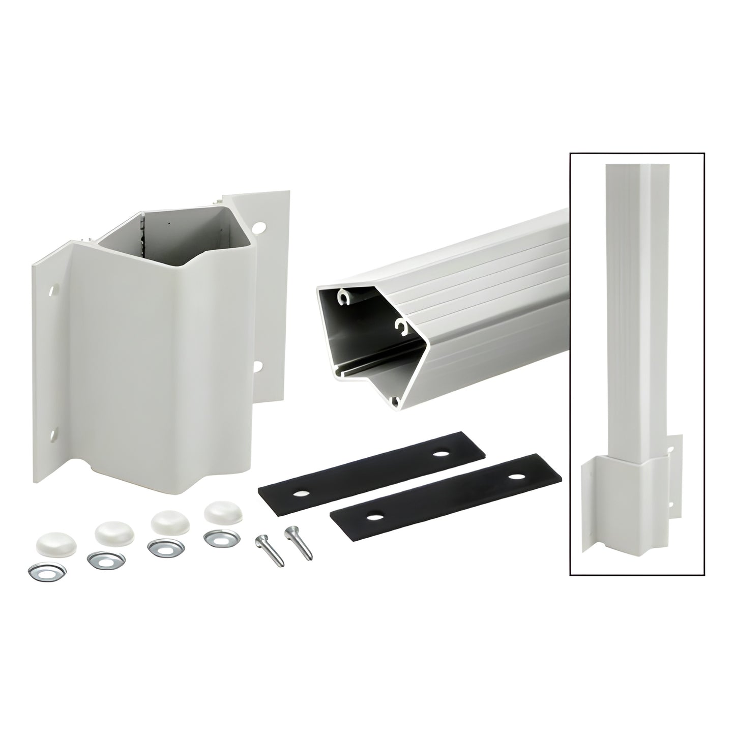 FP5142KS silver metallic aluminum 135 inside-corner fascia post kit with bracket, gaskets, caps and screws