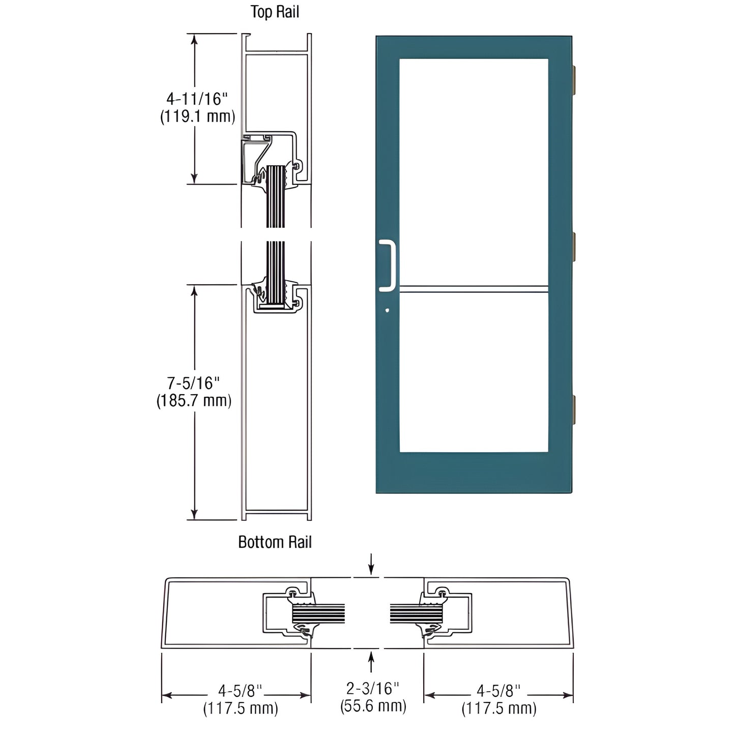 Custom Kynar teal medium-stile impact entrance door (Series IG500) with large glass panel, push/pull handle - SKU SF41571