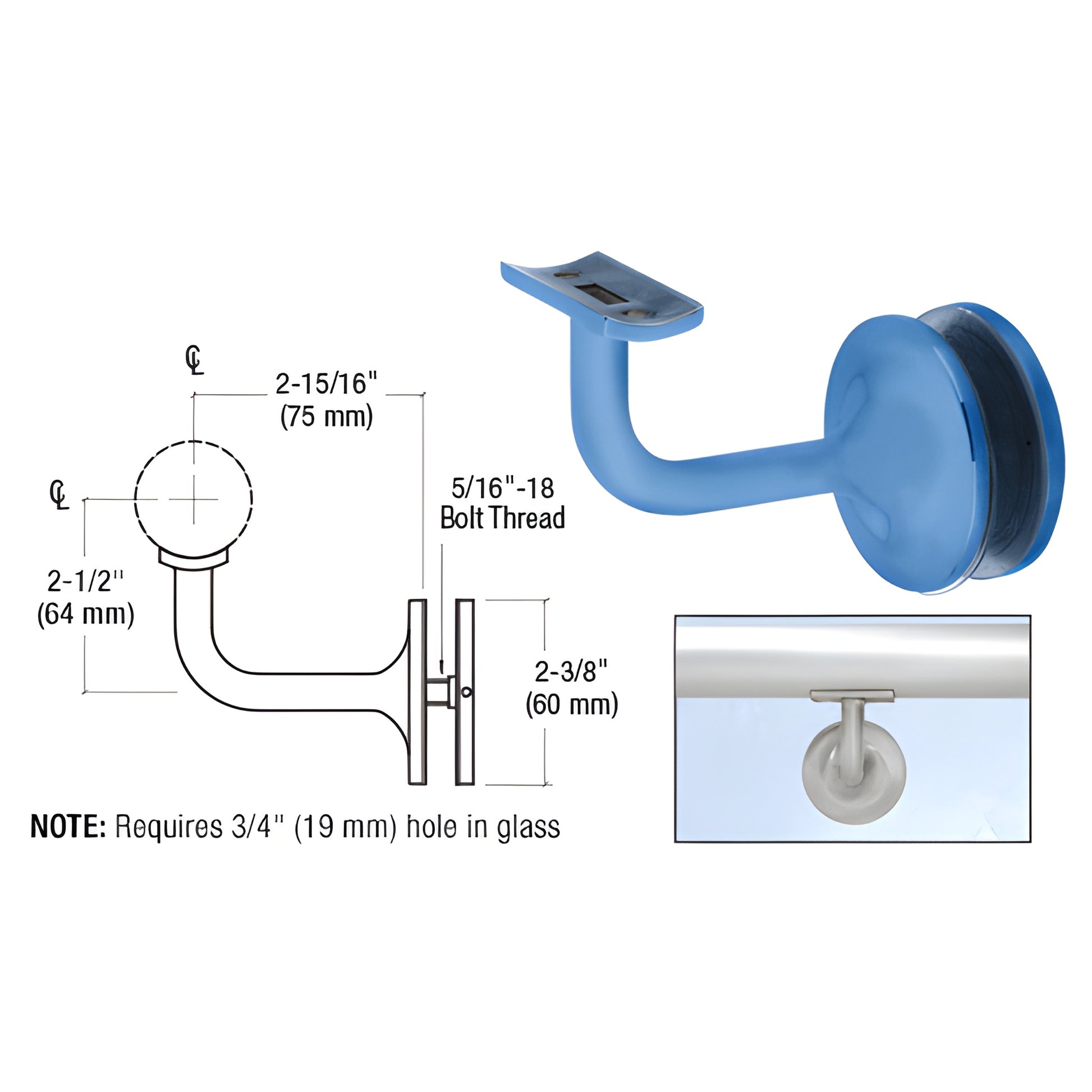 CRL Pismo glass-mounted handrail bracket HR15GPT, powder coated stainless, fits 1-1/2" & 1.66" rails; requires 3/4" glass hol