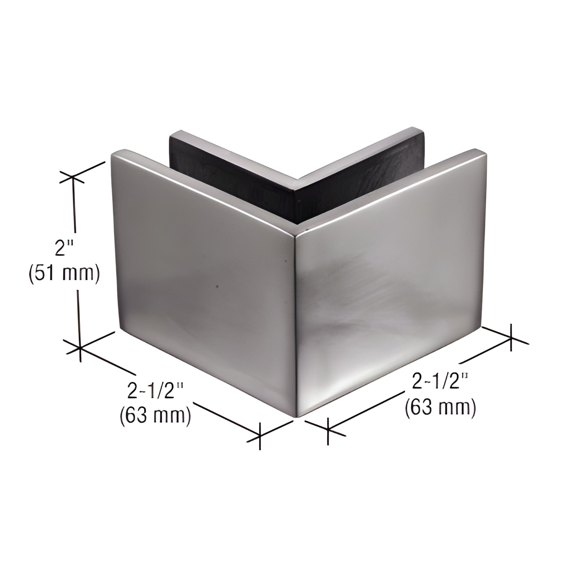 MFC23 90-degree square mall-front glass clamp, brushed stainless, for 3/8-1/2" (10-12mm) glass, 21 2" 2" dimensions.