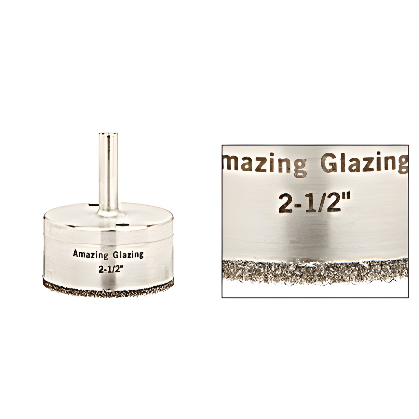AG212 2-1/2" plated diamond glass drill bit with reduced round shank and sawtooth diamond cutting edge.