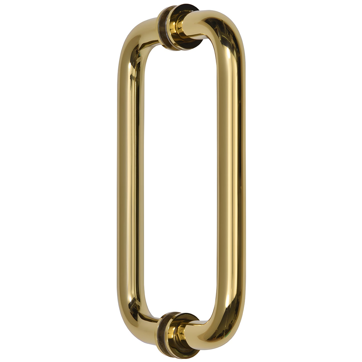 BM8X8BR polished brass back-to-back tubular glass door pull handle, 3/4" dia, 8" center-to-center, washers