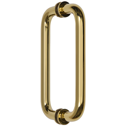BM8X8ULBR unlacquered brass back-to-back tubular glass pull, 8in C-to-C, 3/4in (19mm) diameter