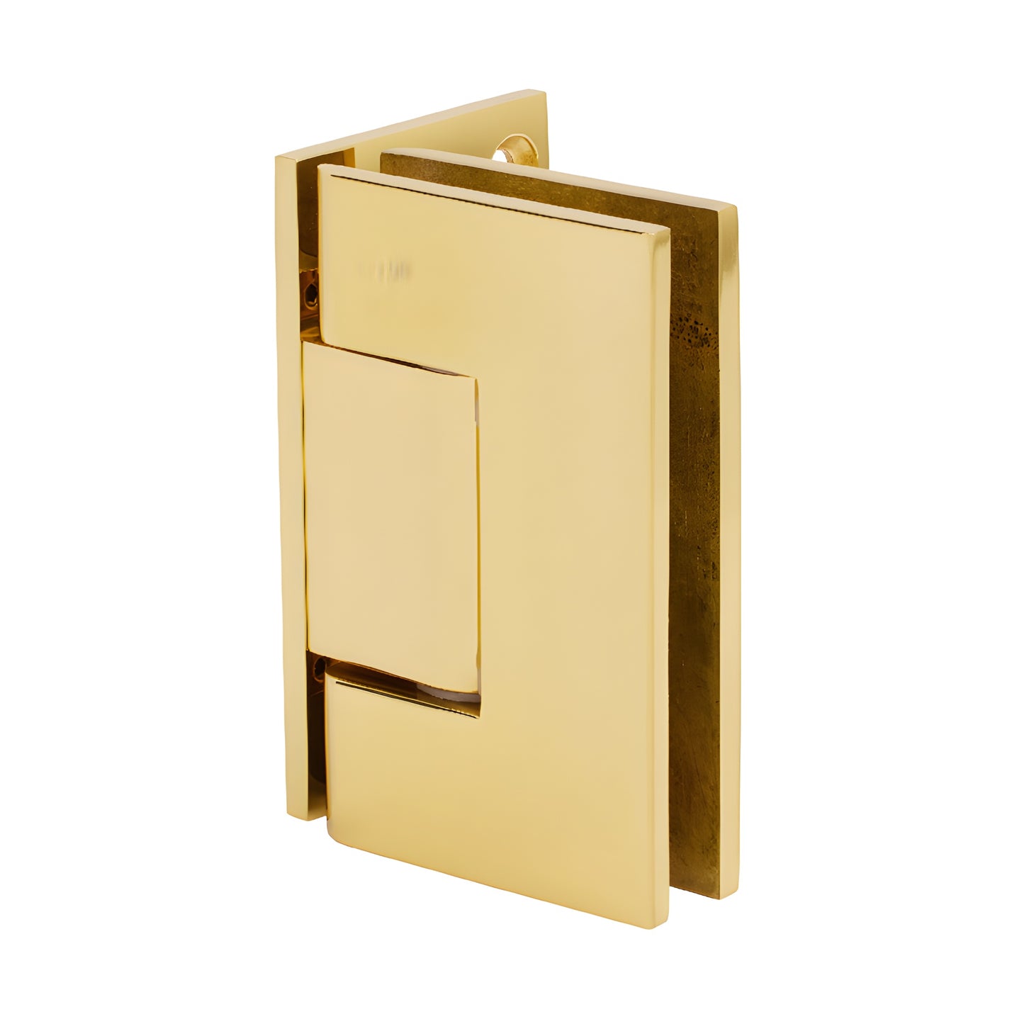 GEN544BR polished brass Geneva self-centering glass shower hinge, wall-mount, reversible 5 pivot, fits 8-12mm glass