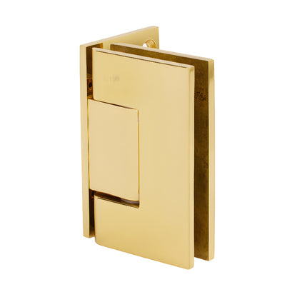 GEN544BR polished brass Geneva self-centering glass shower hinge, wall-mount, reversible 5 pivot, fits 8-12mm glass