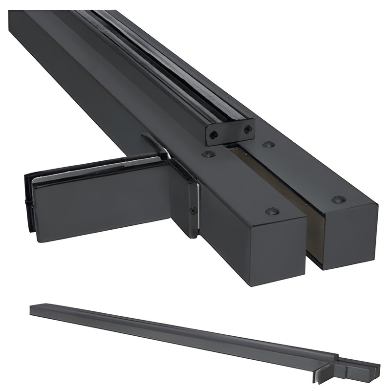 Gloss black floating header with fin bracket for single glass door, wall-to-glass mount - SKU FH4FWGBLCS