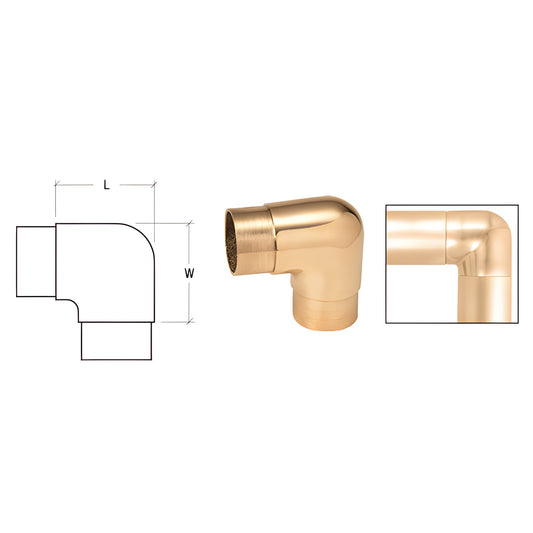 HR20HPBC polished brass 90 sharp-radius corner elbow for HR20 2in (51mm) handrail tubing.