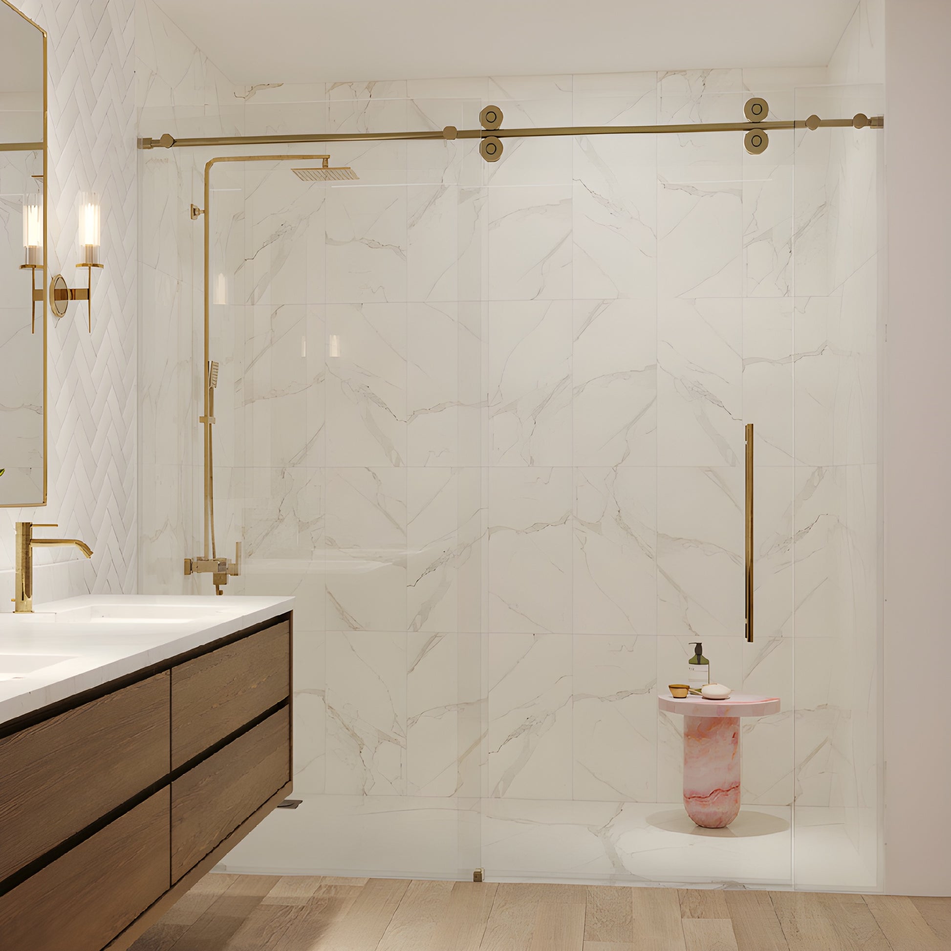 Colonia premium sliding shower door system with brushed bronze round header and rollers, near frameless glass. SKU CLN78BBRZ