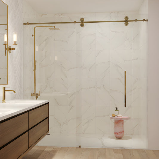 Colonia premium sliding shower door system with brushed bronze round header and rollers, near frameless glass. SKU CLN78BBRZ