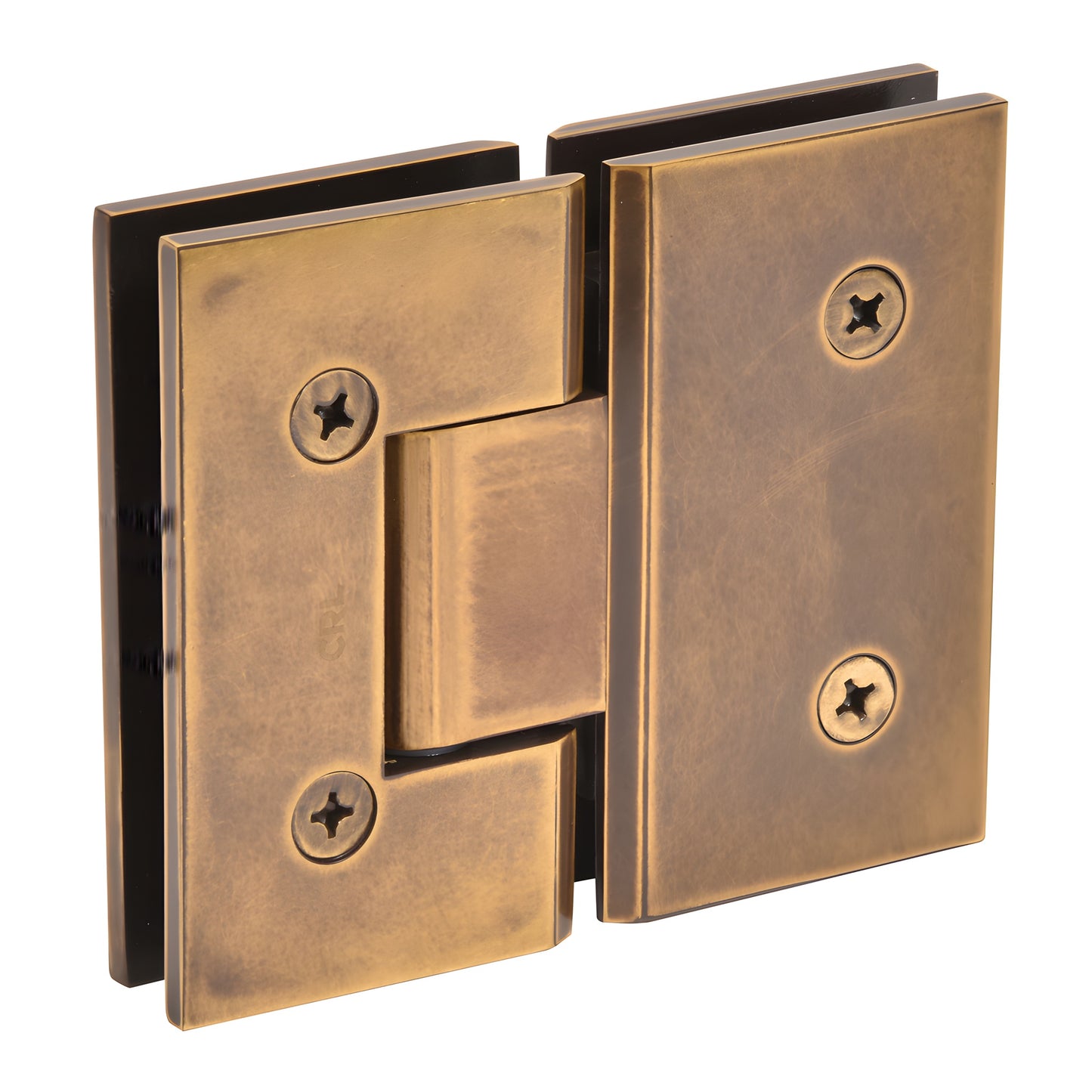 Vintage brass Vienna glass-to-glass shower hinge, square profile, fits 3/8-1/2" tempered glass (SKU V1E180VBR)