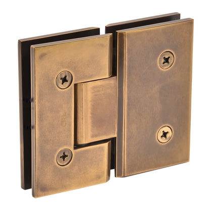 Vintage brass Vienna glass-to-glass shower hinge, square profile, fits 3/8-1/2" tempered glass (SKU V1E180VBR)