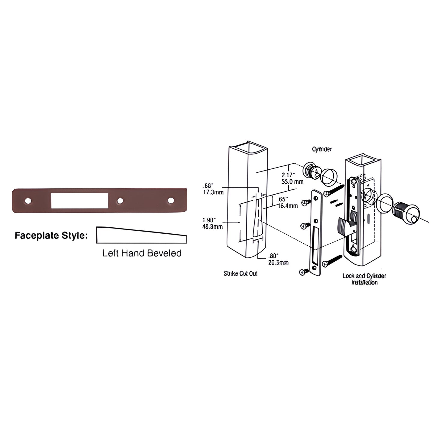 CRL DL2134DU dark bronze left-hand beveled faceplate 1 x 6-7/8 in for deadlocks, shown with installation diagram